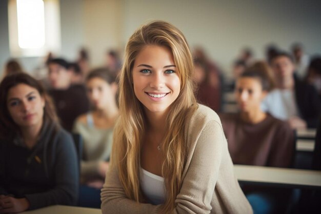 una chica con una sonrisa frente a una multitud de personas.