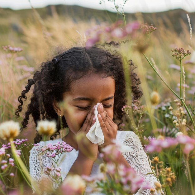 Foto una chica se está soplando la nariz con un pañuelo en la mano