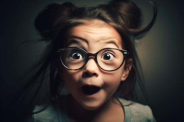 Chica sorprendida con gafas hace una extraña cara de satisfacción ojos grandes y boca abierta