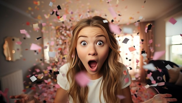 Chica sorprendida mirando confeti en el salón de casa