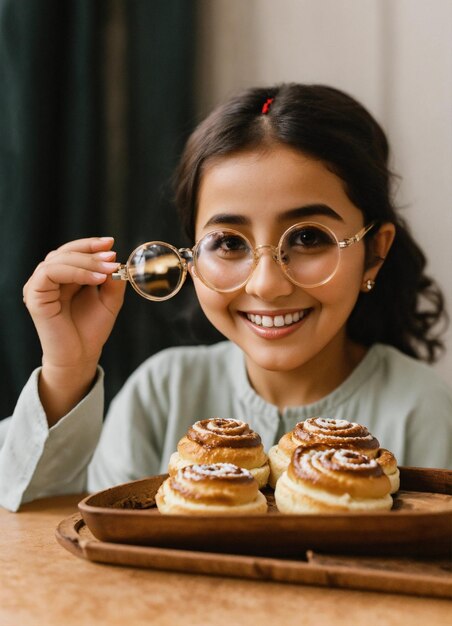 Foto una chica está sosteniendo una cuchara con rollos de canela en ella