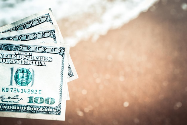 Chica sosteniendo dinero billete de dólares en el fondo de las olas del mar con espuma blanca y arena mojada bea