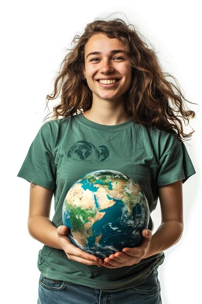 una chica sosteniendo un globo con la tierra en él