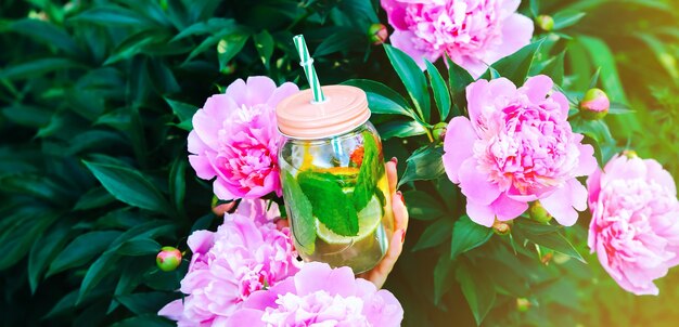 Chica sosteniendo limonada fresca en tarro con paja. Bebida de verano hipster en mano con peonías. Ecológico en la naturaleza. Limones, naranjas y frutos rojos con menta en el vaso. Hermosas flores de primavera.