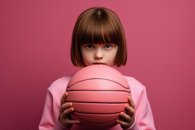 Chica sosteniendo una pelota de baloncesto sobre fondo rosa