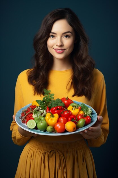 Foto la chica está sosteniendo un plato con verduras frutas bayas de cerca