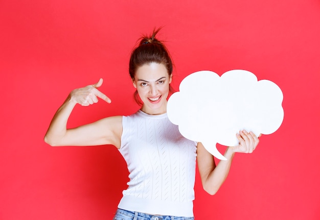 Chica sosteniendo un tablero de ideas en forma de nube en blanco y apuntando a él.