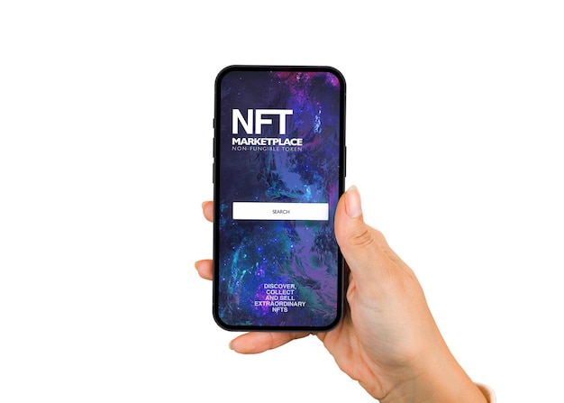 Chica sosteniendo un teléfono inteligente con NFT NonFungible Token Marketplace en la pantalla WhitexAbackground Crypto art