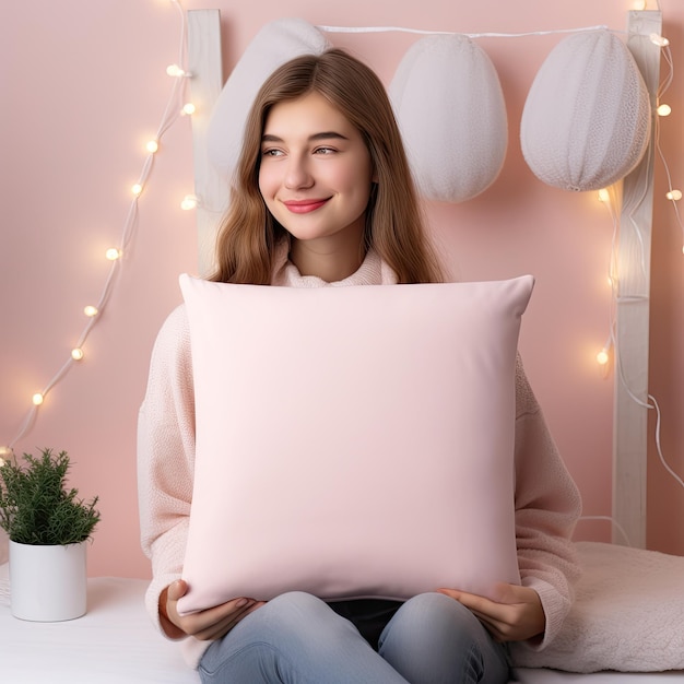 una chica sostiene una almohada rosa con luces blancas detrás de ella