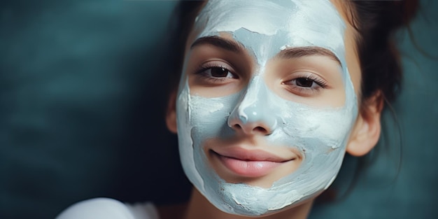 Chica del spa con expresión facial satisfecha aplicando máscara facial de arcilla tratamientos de belleza sobre espalda azul