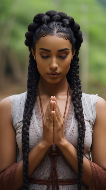 Chica de Sri Lanka con dos manos juntas en posición de oración o namaste o aayubowan