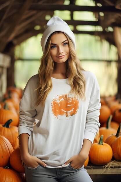 Una chica con una sudadera con capucha blanca con calabazas en la cabeza y una sudadera con capucha blanca