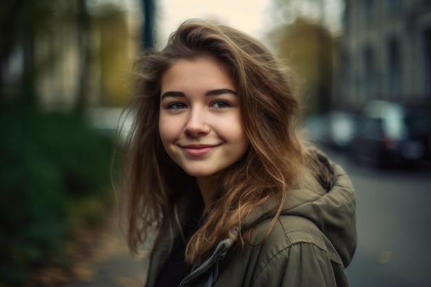 Una chica con una sudadera con capucha verde sonríe a la cámara.