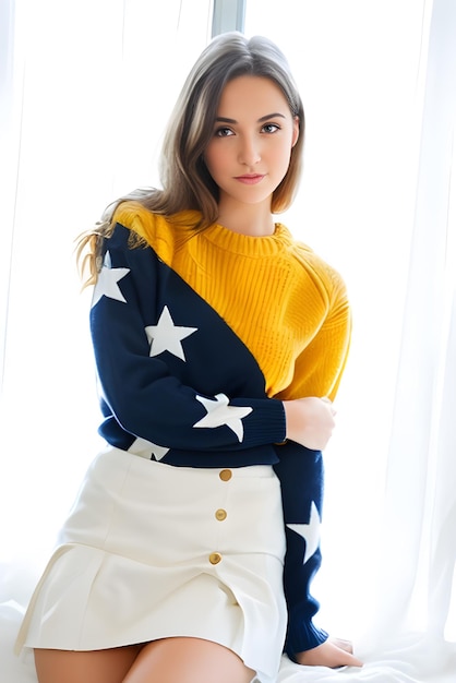 Una chica con un suéter amarillo con estrellas blancas.