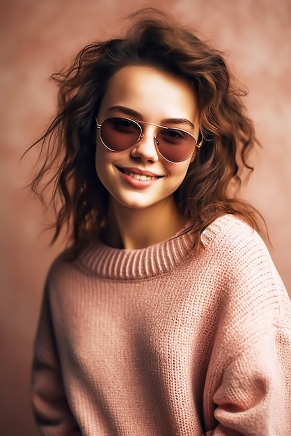 Una chica con suéter rosa y gafas de sol.
