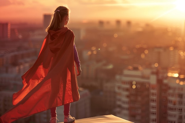 La chica superhéroe vestida con una capa roja mira hacia la ciudad.