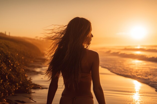 Chica surfista playa puesta de sol Océano horizonte Generar Ai