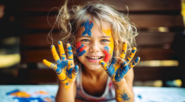 una chica con sus manos pintadas con los colores de la bandera