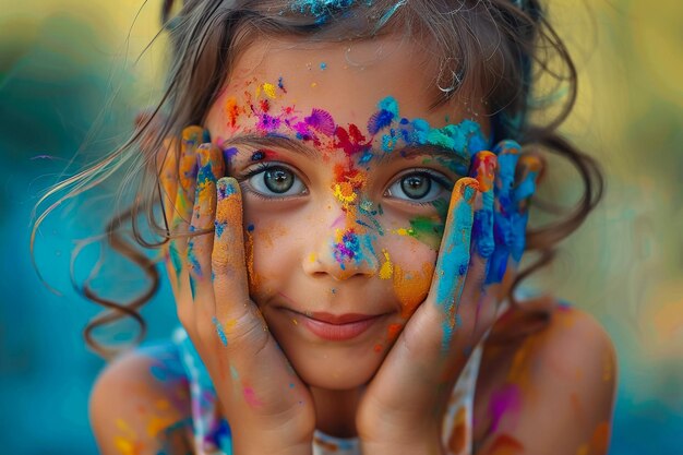 una chica con sus manos pintadas con pintura colorida