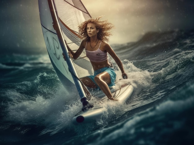 Foto chica en una tabla de windsurf surfeando entre las olas