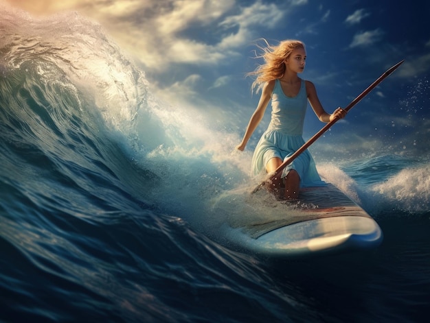 Chica en una tabla de windsurf surfeando entre las olas