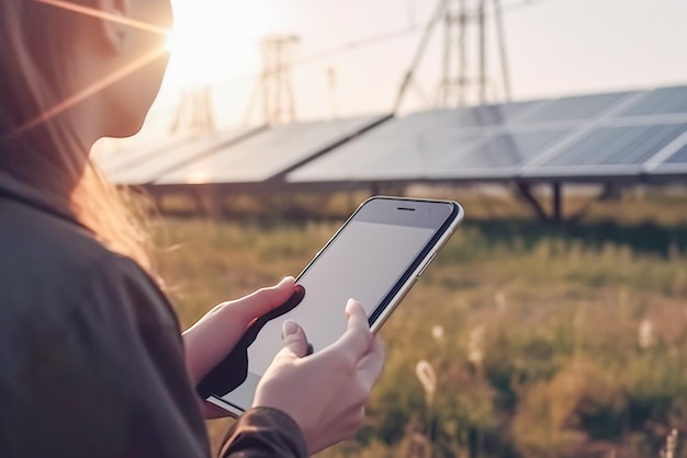 Chica con tabletas en el fondo de células solares AI generativa