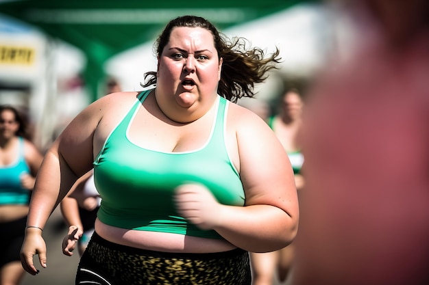 Chica de talla grande corriendo una maratón