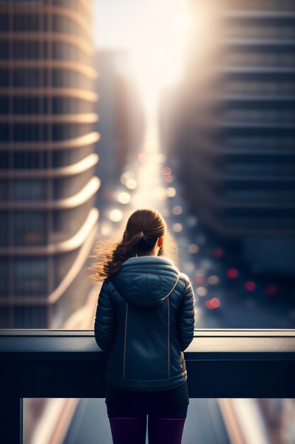 Chica en un techo mirando hacia abajo en las calles de abajo