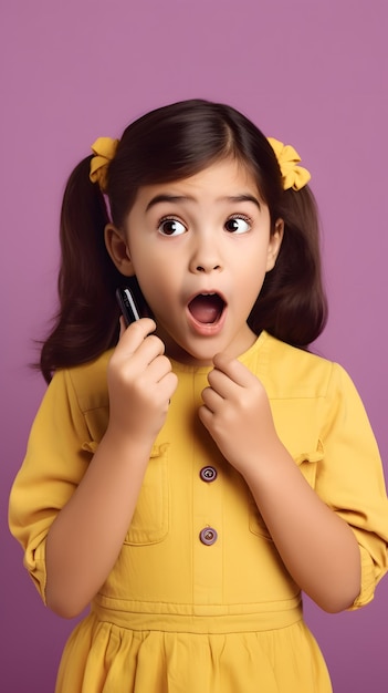 Una chica con un teléfono en la boca está mirando a la cámara.