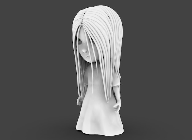 Chica de terror de personaje de dibujos animados de miedo con renderizado 3d de cabello negro.