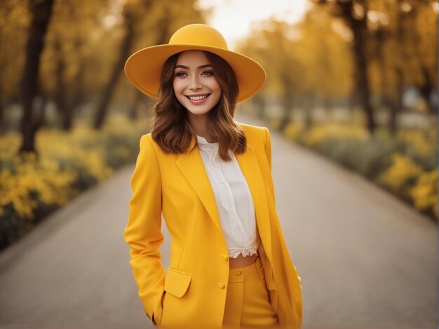 Una chica tiene un bonito peinado con un moderno traje amarillo de alta calidad y un sombrero redondo