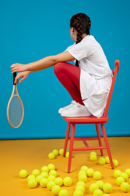 Foto chica de tiro completo con raqueta de tenis
