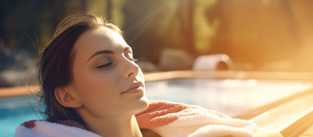 Una chica con una toalla relajante relajándose en una piscina al aire libre.