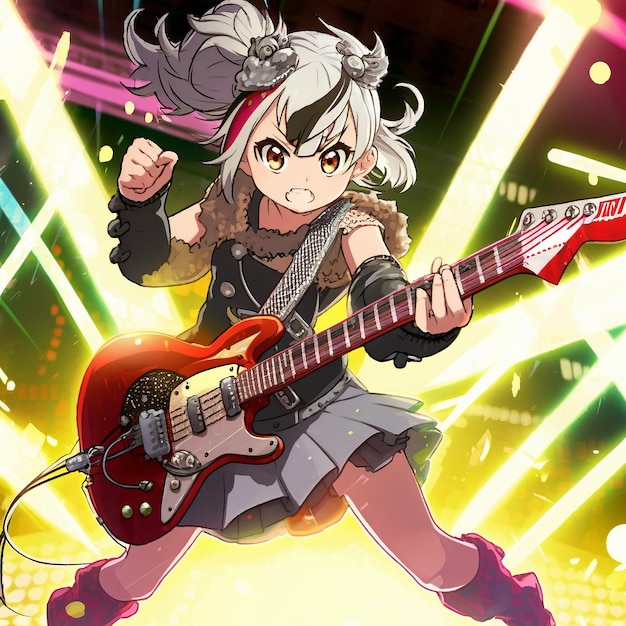 Una chica toca una guitarra eléctrica al estilo anime.