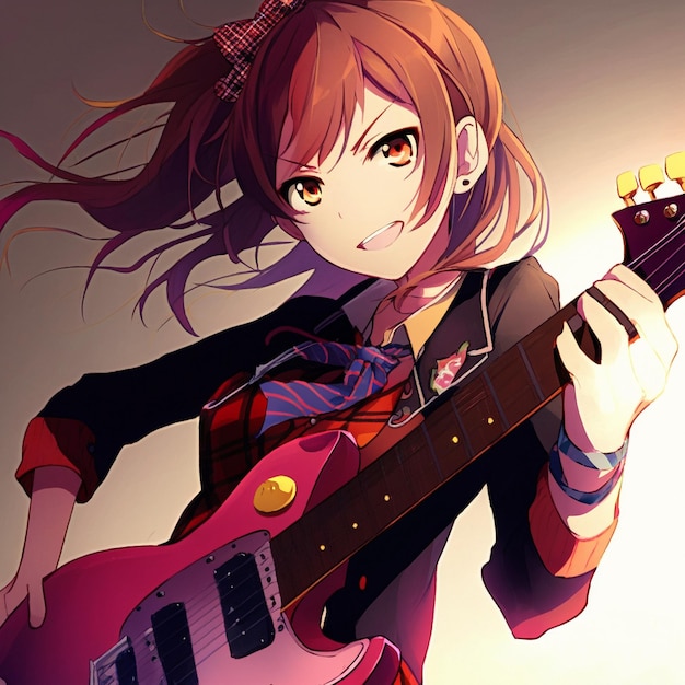 Una chica toca una guitarra eléctrica al estilo anime.