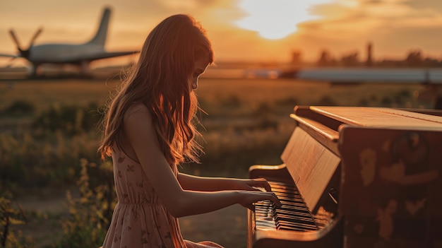 una chica toca el piano en la puesta de sol