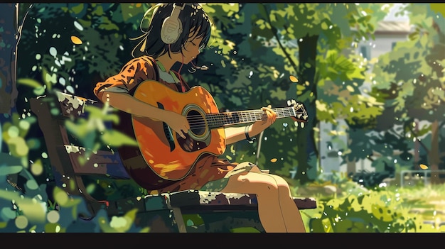 una chica tocando la guitarra en el bosque con una imagen de una chica de anime tocando la gitara