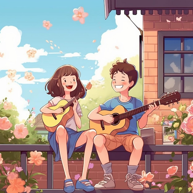 Foto una chica tocando la guitarra y un chico tocando la batería.