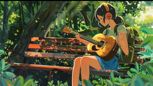 una chica tocando la guitarra en un parque con una chica jugando la guitarra