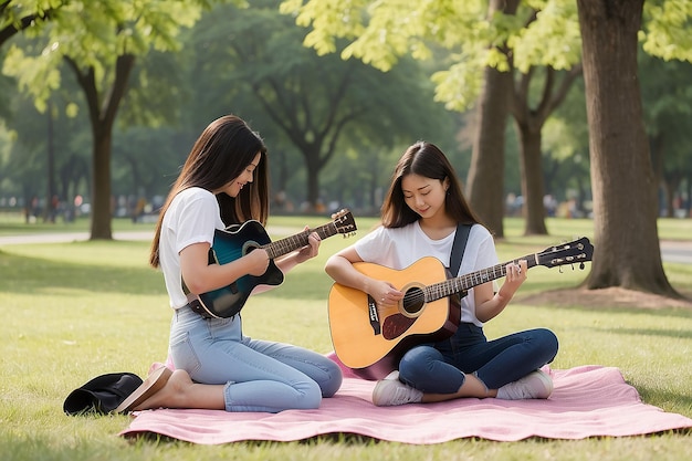 Una chica tocando la guitarra en un parque con una chica tocado la guitarra