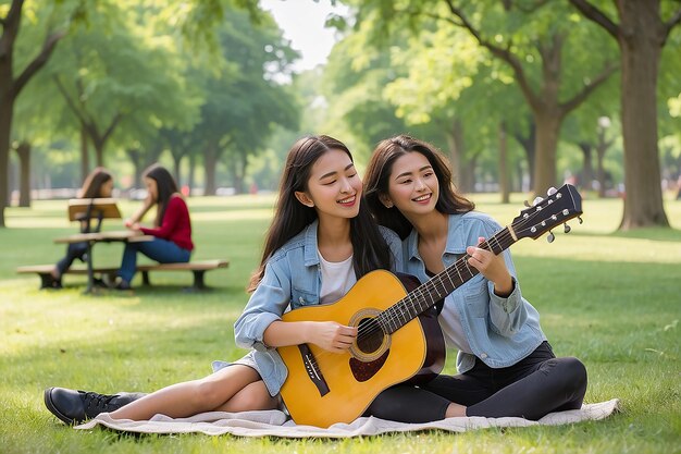 Una chica tocando la guitarra en un parque con una chica tocado la guitarra