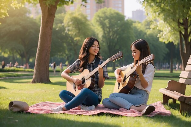 Una chica tocando la guitarra en un parque con una chica tocado la guitarra