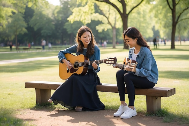 Una chica tocando la guitarra en un parque con una chica tocado la guitarra