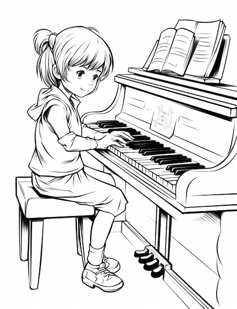 Foto una chica tocando el piano página de colorear generativo ai