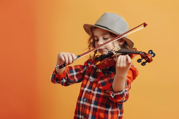 una chica tocando el violín con un arco en un fondo amarillo