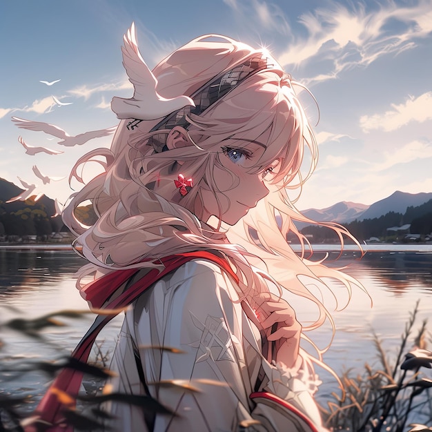 Una chica con un top blanco y cabello rosado se para frente a un lago anime AI ilustración digital virtual generativexA