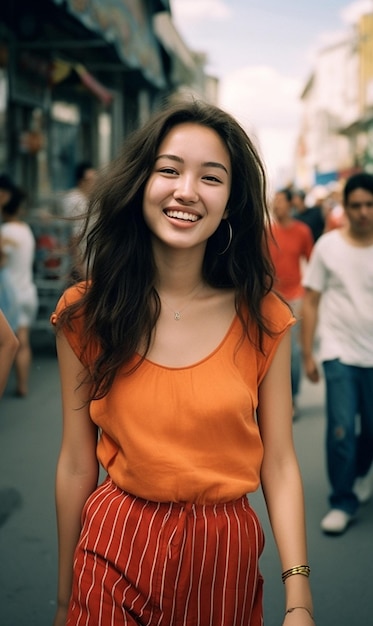 una chica con un top naranja