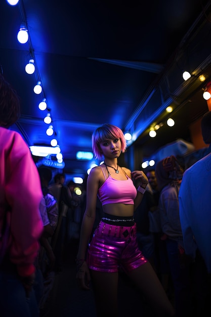 una chica con un top rosa está parada en un tren con un top rosa.