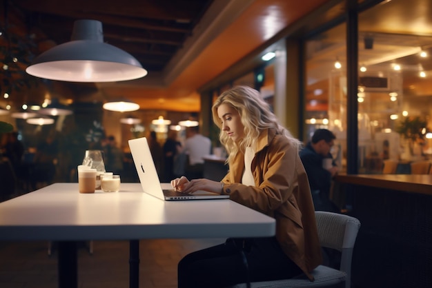 chica trabajadora en la computadora portátil en el café