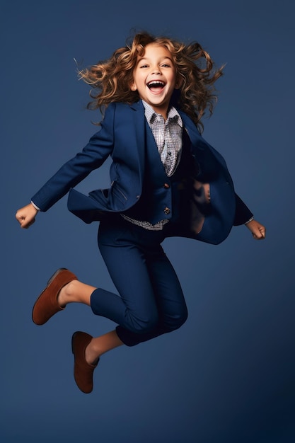Una chica con traje azul salta en el aire con la palabra en la parte inferior.